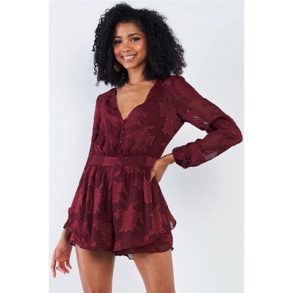 Dark Red Burgundy Long Sleeve Ruffle Mesh Floral Romper